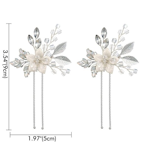 Wedding Hair Pins Set Silver Beaded Ceramic Flower Bridal Hair Accessories main image 6